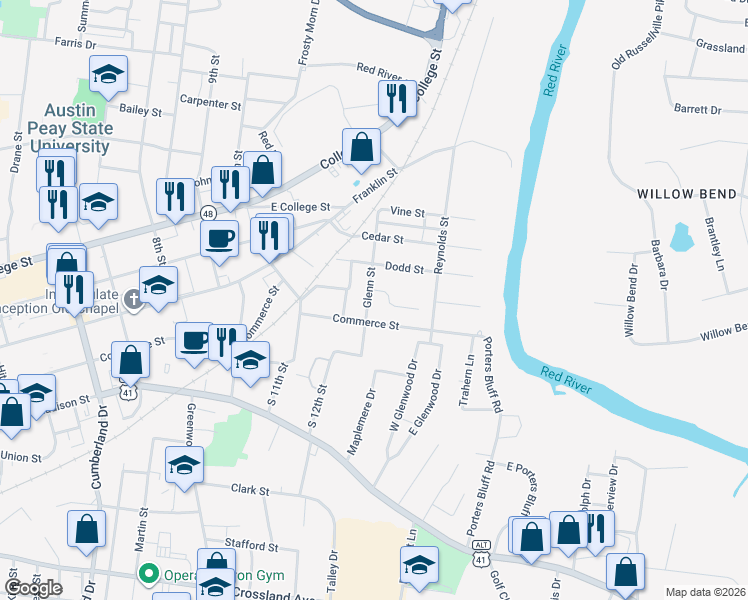 map of restaurants, bars, coffee shops, grocery stores, and more near 425 Glenn Street in Clarksville