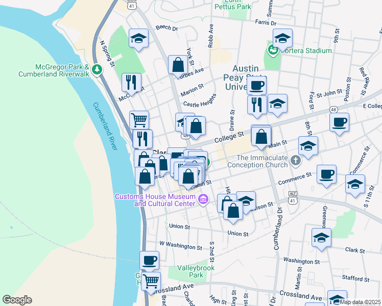 map of restaurants, bars, coffee shops, grocery stores, and more near in Clarksville