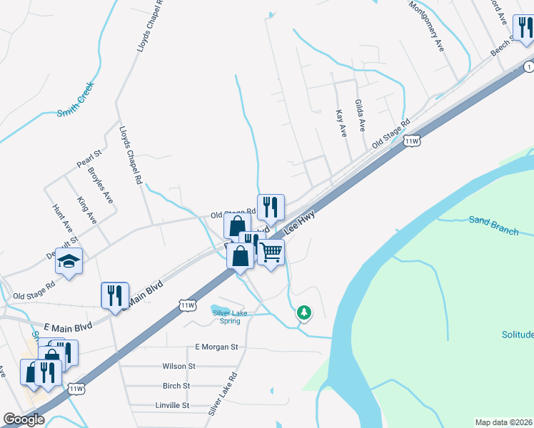 map of restaurants, bars, coffee shops, grocery stores, and more near 750 Old Stage Road in Church Hill