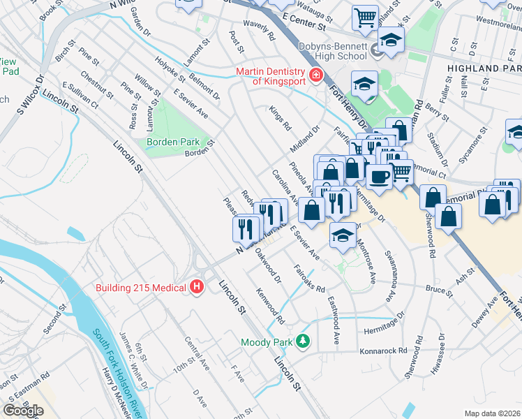 map of restaurants, bars, coffee shops, grocery stores, and more near 1645 Redwood Drive in Kingsport