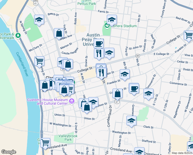 map of restaurants, bars, coffee shops, grocery stores, and more near 528 Grant Avenue in Clarksville