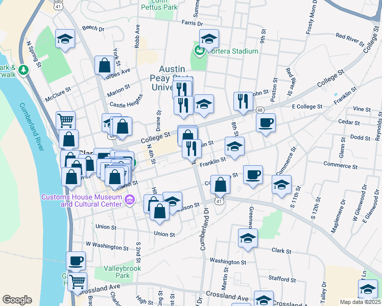 map of restaurants, bars, coffee shops, grocery stores, and more near 180 University Avenue in Clarksville
