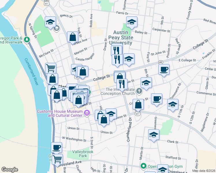 map of restaurants, bars, coffee shops, grocery stores, and more near 405 Main Street in Clarksville