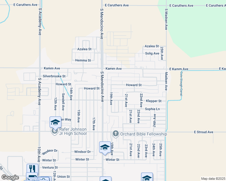 map of restaurants, bars, coffee shops, grocery stores, and more near 2621 19th Avenue in Kingsburg