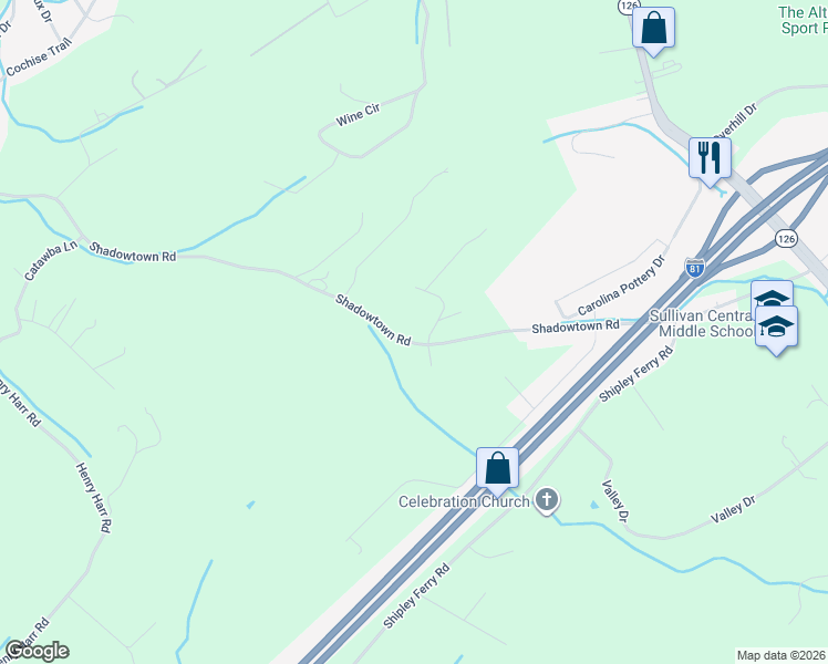 map of restaurants, bars, coffee shops, grocery stores, and more near 488 Shadowtown Road in Blountville