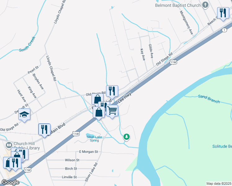 map of restaurants, bars, coffee shops, grocery stores, and more near 756 Old Stage Road in Church Hill