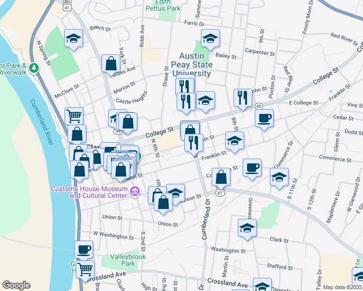 map of restaurants, bars, coffee shops, grocery stores, and more near 528 Grant Avenue in Clarksville