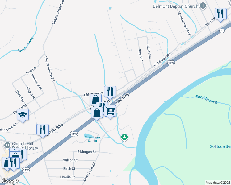 map of restaurants, bars, coffee shops, grocery stores, and more near 756 Old Stage Road in Church Hill