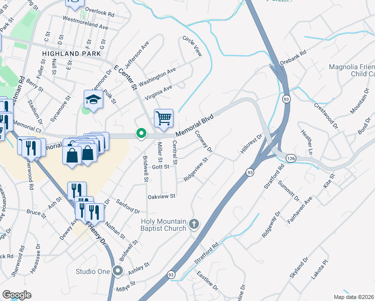 map of restaurants, bars, coffee shops, grocery stores, and more near 3209 Clover Street in Kingsport