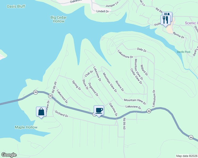 map of restaurants, bars, coffee shops, grocery stores, and more near 559 Lakeview Drive in Ridgedale