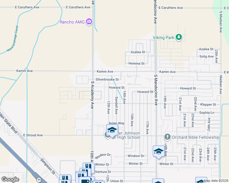 map of restaurants, bars, coffee shops, grocery stores, and more near 2637 Sandell Avenue in Kingsburg