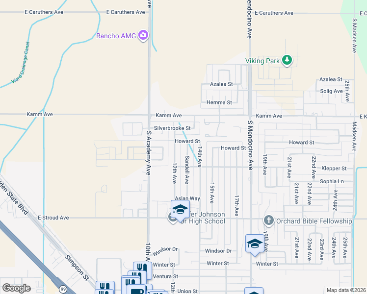 map of restaurants, bars, coffee shops, grocery stores, and more near 2637 Sandell Avenue in Kingsburg