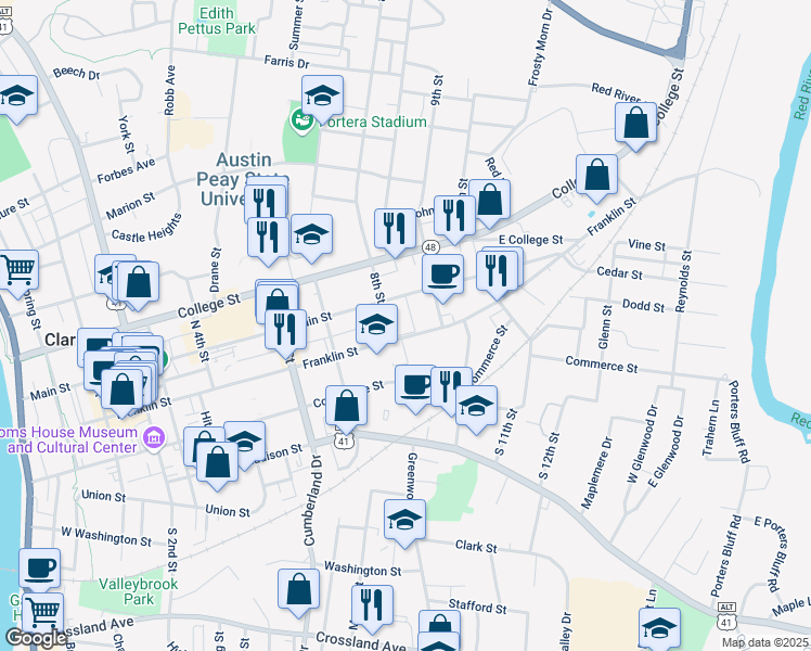 map of restaurants, bars, coffee shops, grocery stores, and more near 820 Franklin Street in Clarksville