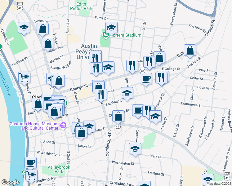 map of restaurants, bars, coffee shops, grocery stores, and more near 712 Main Street in Clarksville