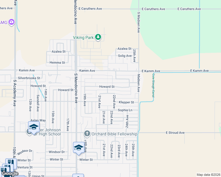 map of restaurants, bars, coffee shops, grocery stores, and more near 2232 Howard Street in Kingsburg