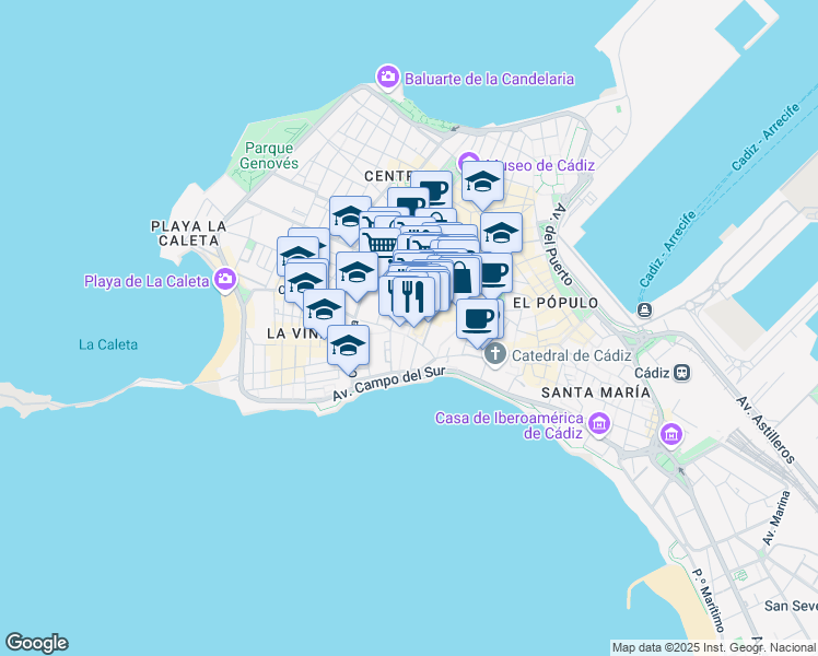 map of restaurants, bars, coffee shops, grocery stores, and more near 2 Plaza Libertad in Cádiz