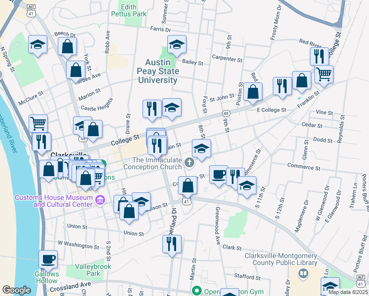 map of restaurants, bars, coffee shops, grocery stores, and more near 733 Main Street in Clarksville