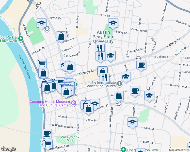 map of restaurants, bars, coffee shops, grocery stores, and more near 211 North 5th Street in Clarksville