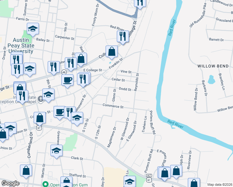map of restaurants, bars, coffee shops, grocery stores, and more near 340 Glenn Street in Clarksville
