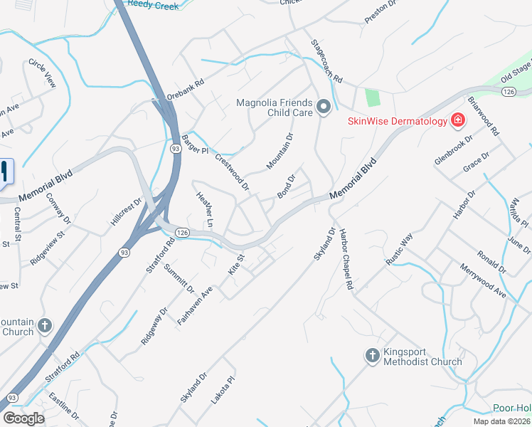 map of restaurants, bars, coffee shops, grocery stores, and more near 3909 Bond Drive in Kingsport