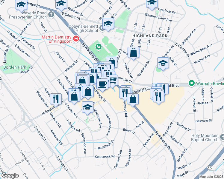 map of restaurants, bars, coffee shops, grocery stores, and more near 1757 Fort Henry Drive in Kingsport