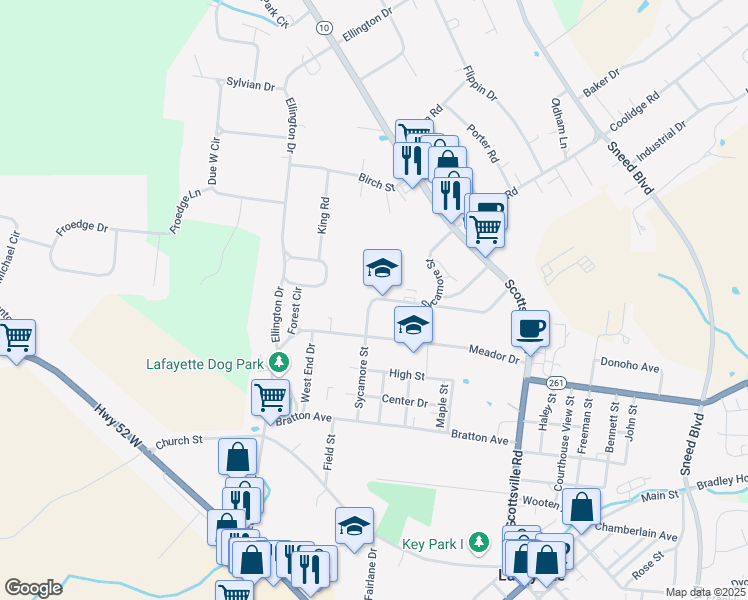 map of restaurants, bars, coffee shops, grocery stores, and more near 905 Sycamore Street in Lafayette