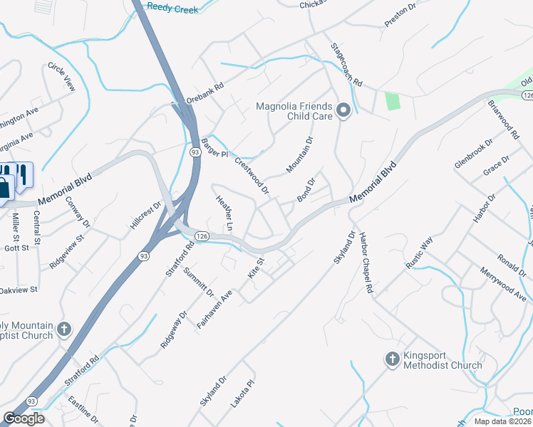 map of restaurants, bars, coffee shops, grocery stores, and more near 2208 Locust Street in Kingsport