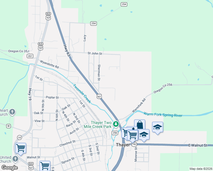 map of restaurants, bars, coffee shops, grocery stores, and more near Valley Road in Thayer