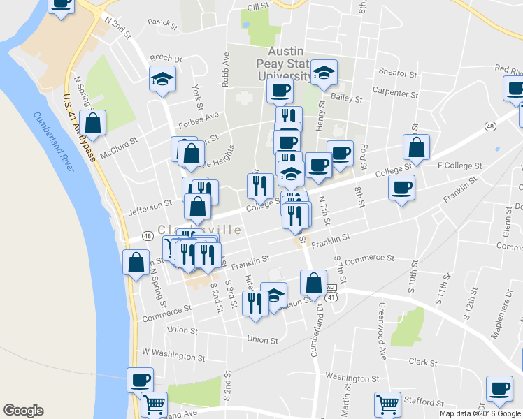 map of restaurants, bars, coffee shops, grocery stores, and more near 428 College Street in Clarksville