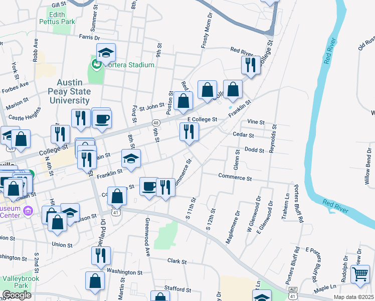 map of restaurants, bars, coffee shops, grocery stores, and more near 1035 Franklin Street in Clarksville