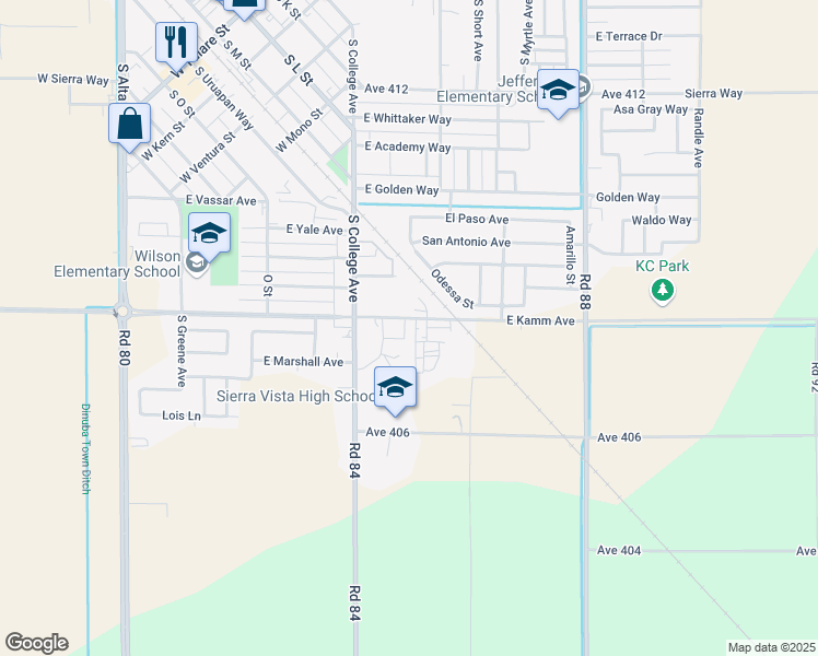 map of restaurants, bars, coffee shops, grocery stores, and more near 1050 East Kamm Avenue in Dinuba