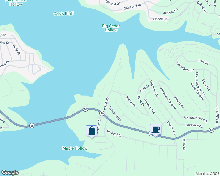 map of restaurants, bars, coffee shops, grocery stores, and more near 385 Road 86-49 in Ridgedale