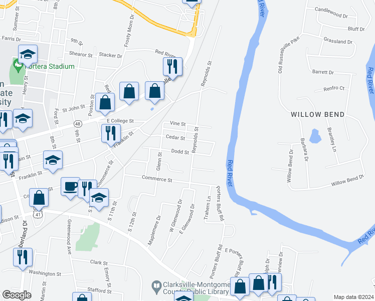 map of restaurants, bars, coffee shops, grocery stores, and more near 1255 Dodd Street in Clarksville