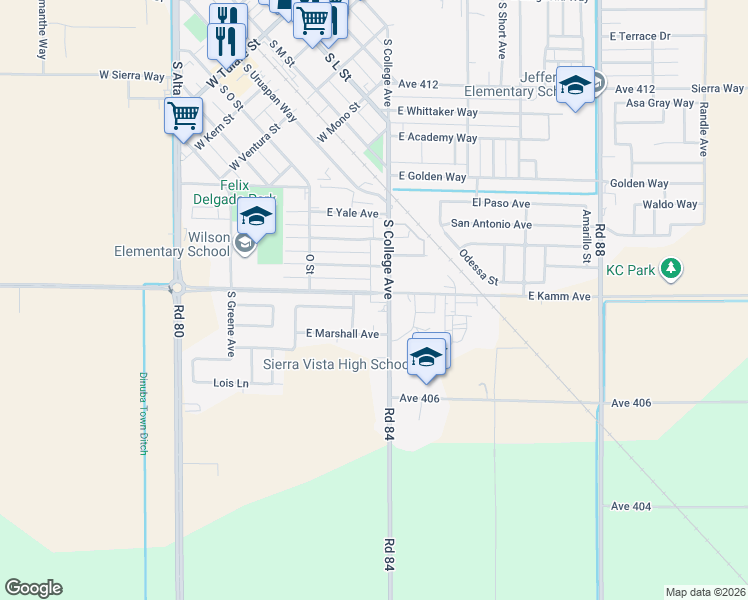 map of restaurants, bars, coffee shops, grocery stores, and more near 806 East Kamm Avenue in Dinuba