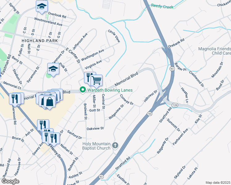 map of restaurants, bars, coffee shops, grocery stores, and more near 1541 Conway Drive in Kingsport