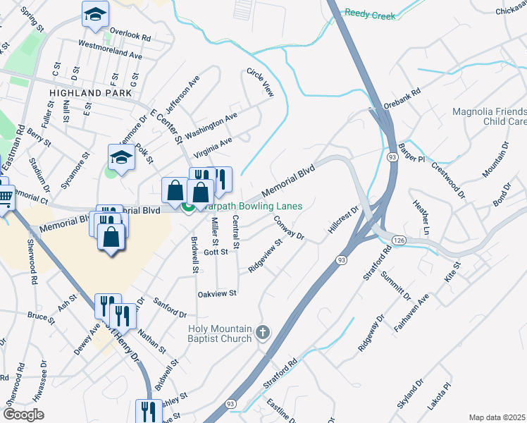 map of restaurants, bars, coffee shops, grocery stores, and more near 1541 Conway Drive in Kingsport