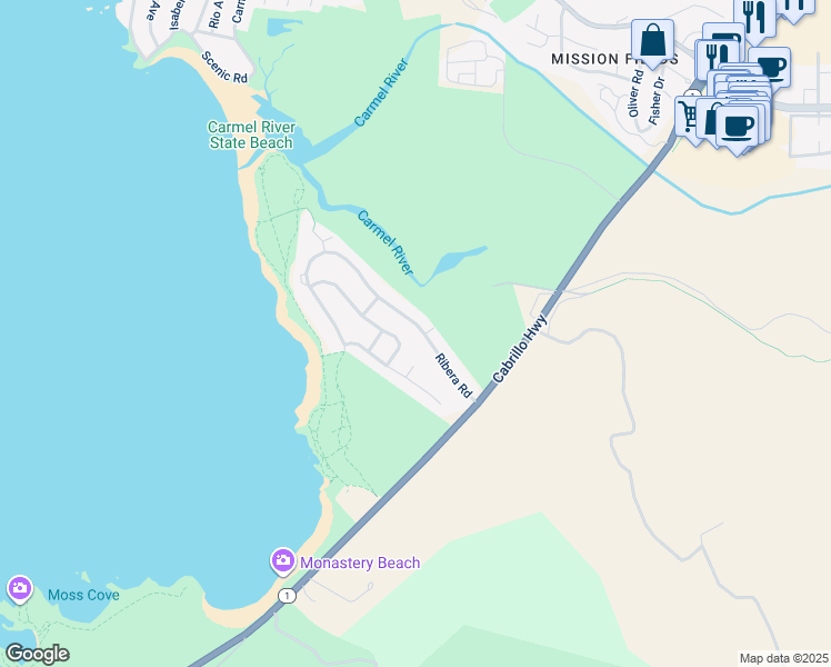 map of restaurants, bars, coffee shops, grocery stores, and more near 2930 Ribera Road in Carmel-by-the-Sea