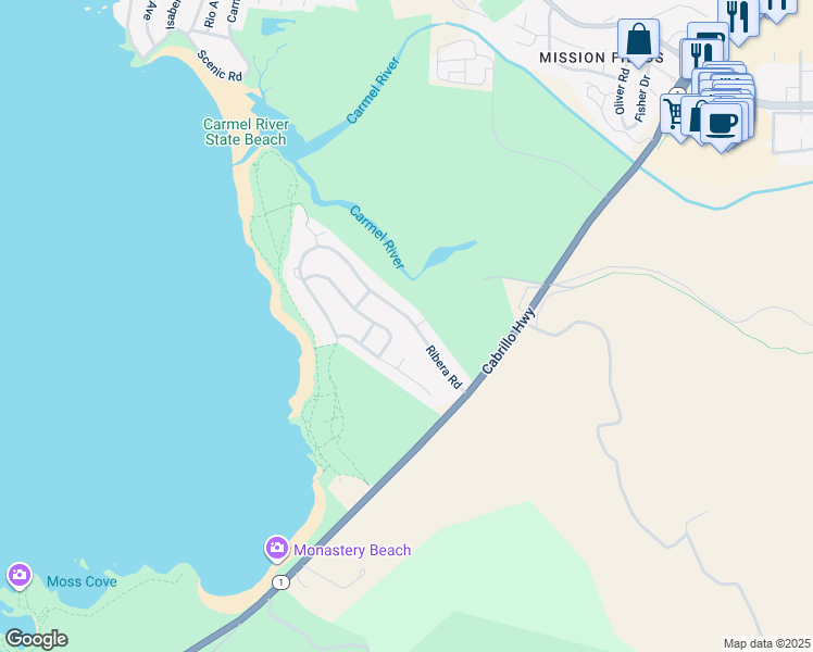 map of restaurants, bars, coffee shops, grocery stores, and more near 2930 Ribera Road in Carmel-by-the-Sea