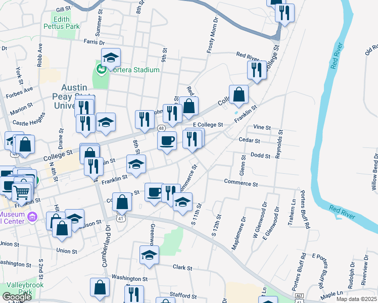 map of restaurants, bars, coffee shops, grocery stores, and more near 1035 Franklin Street in Clarksville