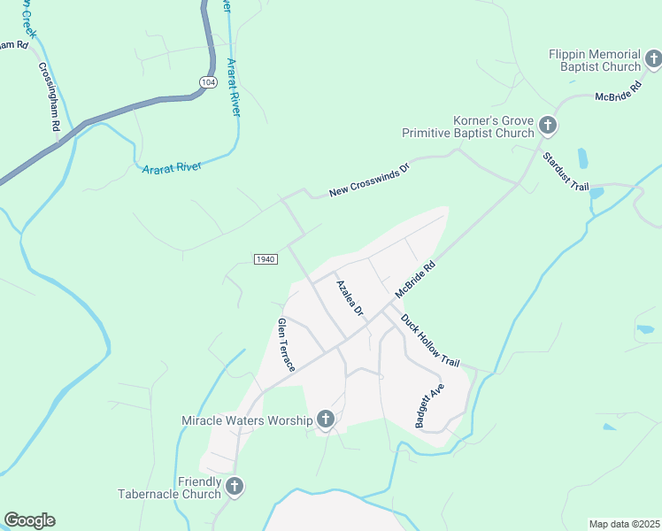 map of restaurants, bars, coffee shops, grocery stores, and more near 199 Lynnewood Drive in Mount Airy