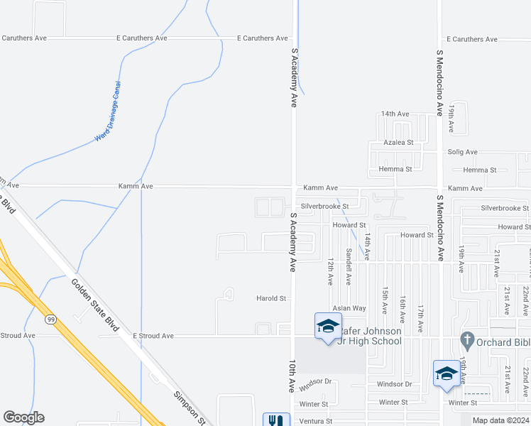 map of restaurants, bars, coffee shops, grocery stores, and more near 2705 8th Avenue Drive in Kingsburg