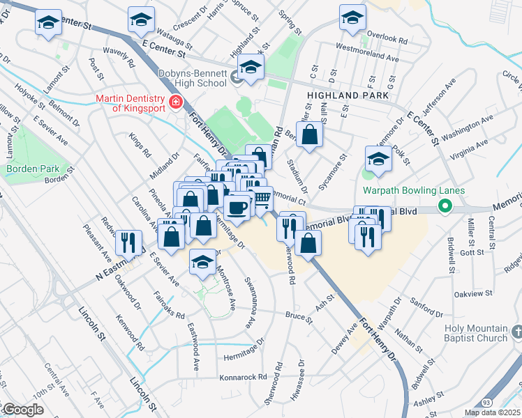map of restaurants, bars, coffee shops, grocery stores, and more near 1757 Fort Henry Drive in Kingsport