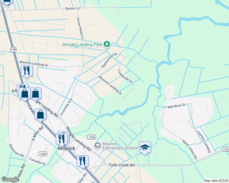 map of restaurants, bars, coffee shops, grocery stores, and more near 234 Moyock Landing Drive in Moyock