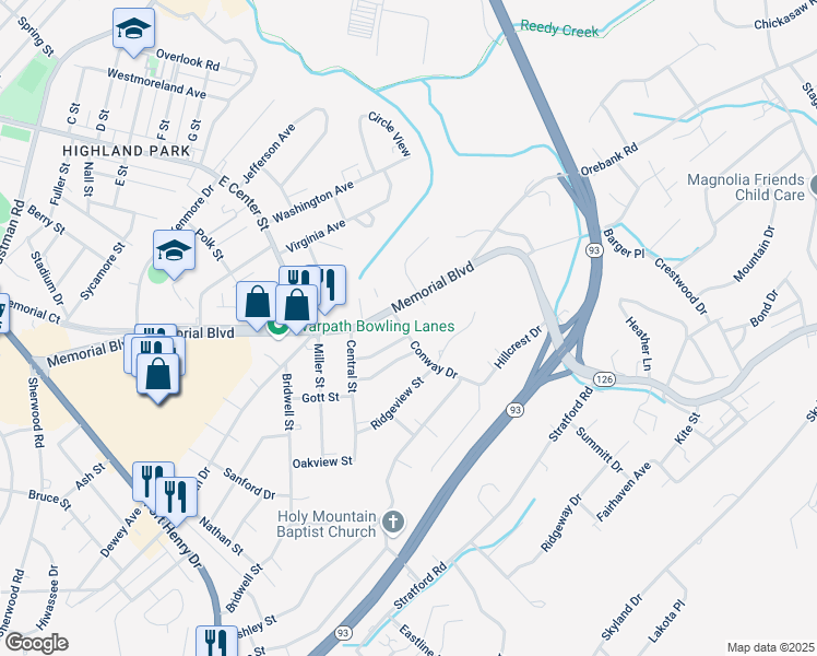 map of restaurants, bars, coffee shops, grocery stores, and more near 1541 Conway Drive in Kingsport