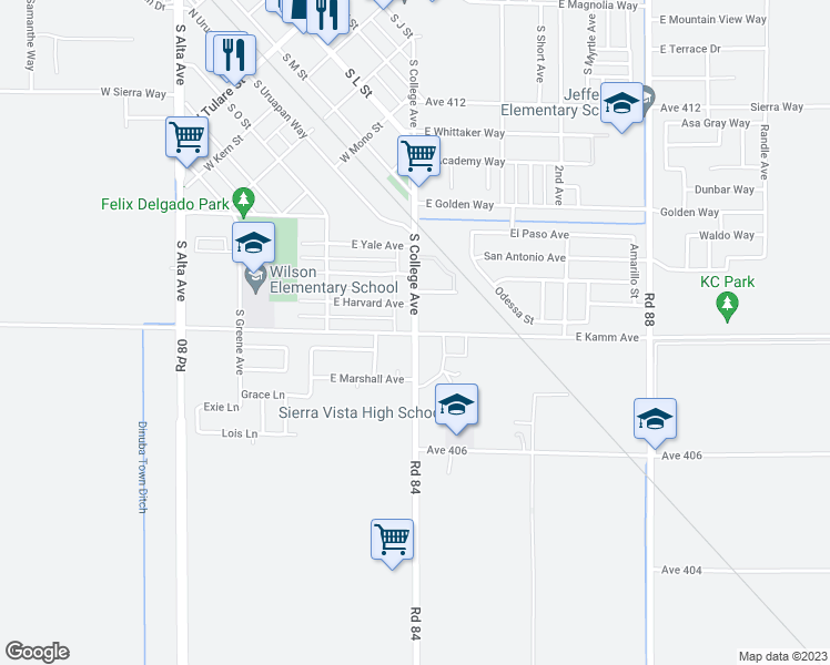 map of restaurants, bars, coffee shops, grocery stores, and more near 900 East Kamm Avenue in Dinuba