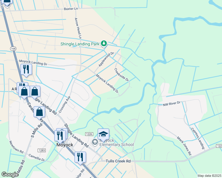 map of restaurants, bars, coffee shops, grocery stores, and more near 234 Moyock Landing Drive in Moyock