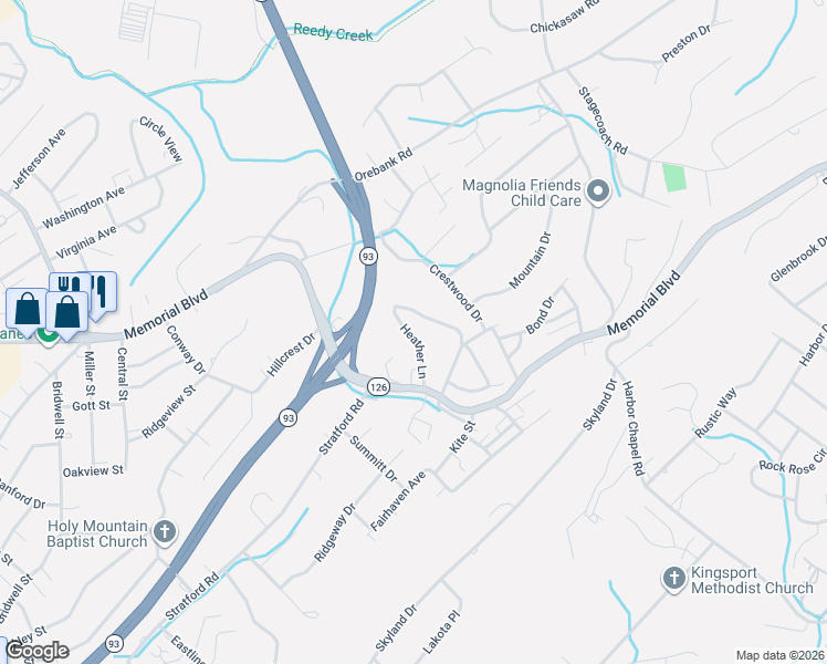 map of restaurants, bars, coffee shops, grocery stores, and more near 1940 Heather Lane in Kingsport