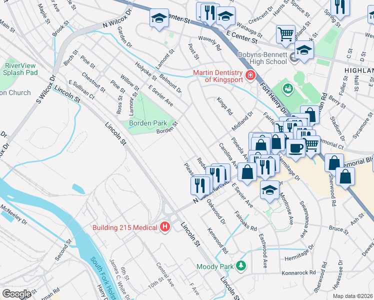 map of restaurants, bars, coffee shops, grocery stores, and more near 1557 Redwood Drive in Kingsport