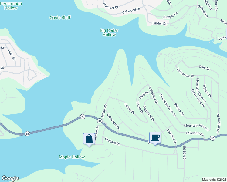 map of restaurants, bars, coffee shops, grocery stores, and more near 385 Road 86-49 in Ridgedale