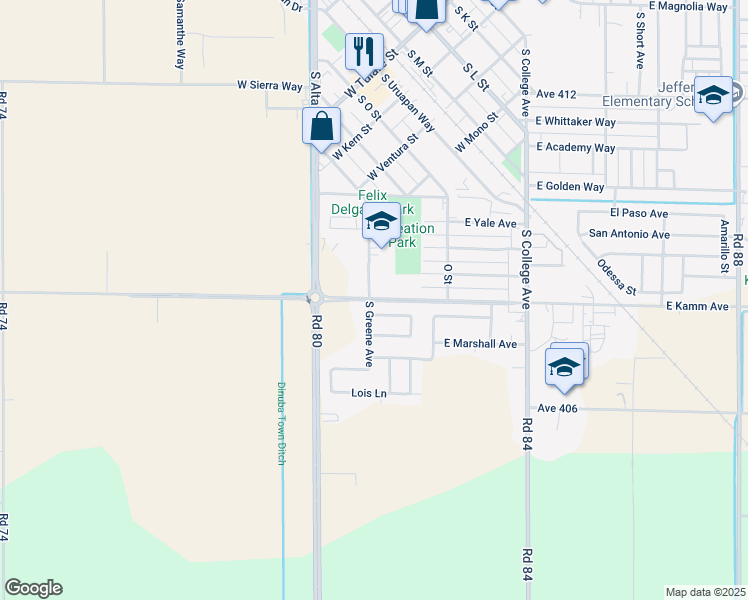 map of restaurants, bars, coffee shops, grocery stores, and more near 305 E Kamm Ave in Dinuba